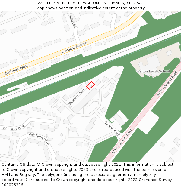 22, ELLESMERE PLACE, WALTON-ON-THAMES, KT12 5AE: Location map and indicative extent of plot