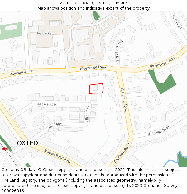 22, ELLICE ROAD, OXTED, RH8 0PY: Location map and indicative extent of plot