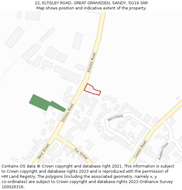 22, ELTISLEY ROAD, GREAT GRANSDEN, SANDY, SG19 3AR: Location map and indicative extent of plot