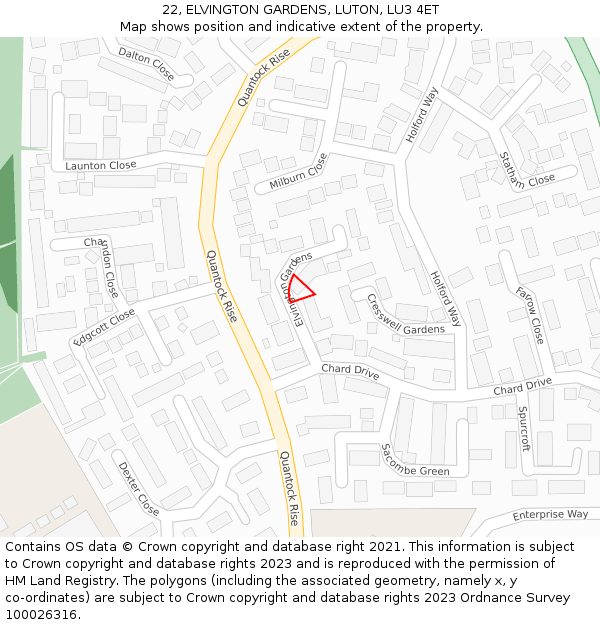 22, ELVINGTON GARDENS, LUTON, LU3 4ET: Location map and indicative extent of plot