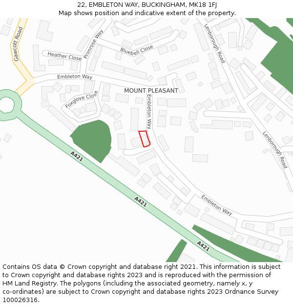 22, EMBLETON WAY, BUCKINGHAM, MK18 1FJ: Location map and indicative extent of plot