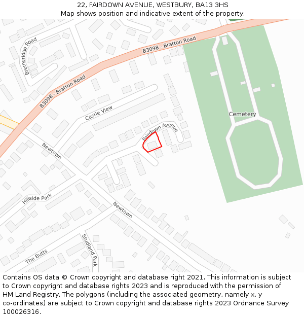 22, FAIRDOWN AVENUE, WESTBURY, BA13 3HS: Location map and indicative extent of plot