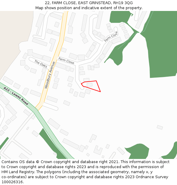 22, FARM CLOSE, EAST GRINSTEAD, RH19 3QG: Location map and indicative extent of plot