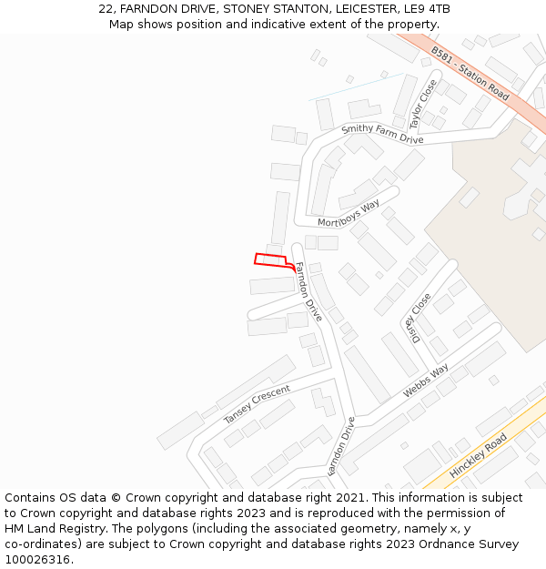 22, FARNDON DRIVE, STONEY STANTON, LEICESTER, LE9 4TB: Location map and indicative extent of plot