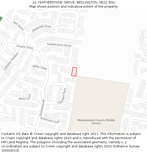 22, FEATHERSTONE GROVE, BEDLINGTON, NE22 6NU: Location map and indicative extent of plot