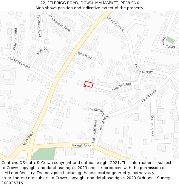 22, FELBRIGG ROAD, DOWNHAM MARKET, PE38 9NX: Location map and indicative extent of plot