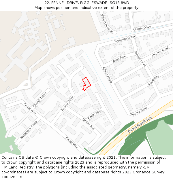 22, FENNEL DRIVE, BIGGLESWADE, SG18 8WD: Location map and indicative extent of plot