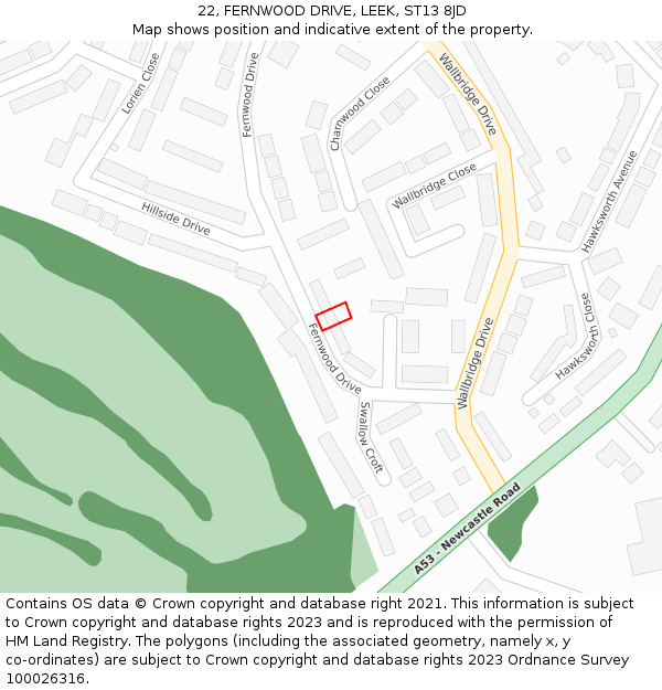 22, FERNWOOD DRIVE, LEEK, ST13 8JD: Location map and indicative extent of plot