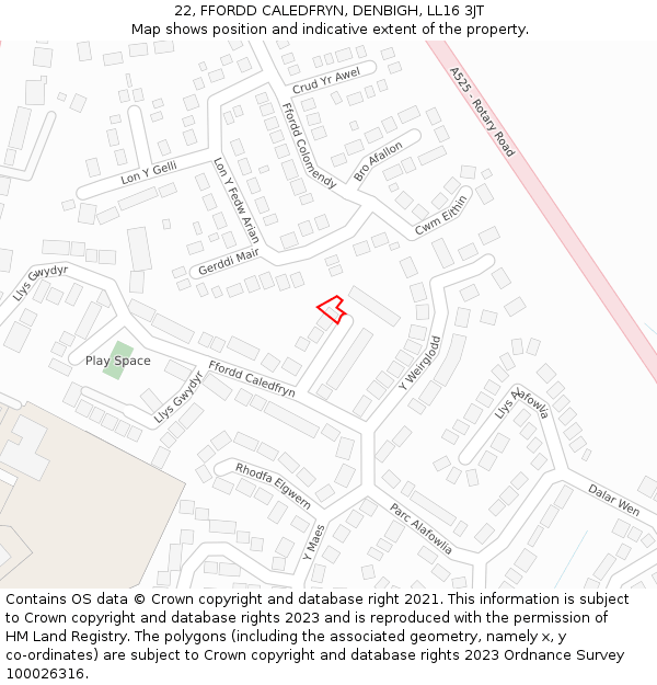22, FFORDD CALEDFRYN, DENBIGH, LL16 3JT: Location map and indicative extent of plot