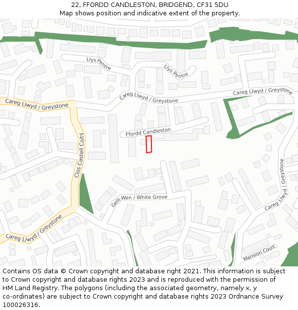 22, FFORDD CANDLESTON, BRIDGEND, CF31 5DU: Location map and indicative extent of plot