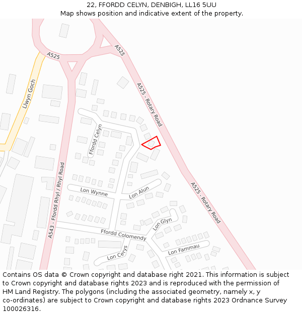 22, FFORDD CELYN, DENBIGH, LL16 5UU: Location map and indicative extent of plot