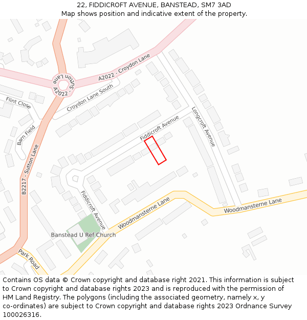 22, FIDDICROFT AVENUE, BANSTEAD, SM7 3AD: Location map and indicative extent of plot
