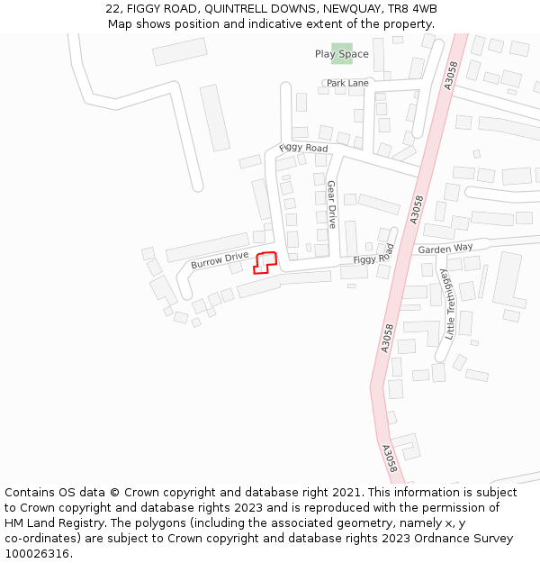 22, FIGGY ROAD, QUINTRELL DOWNS, NEWQUAY, TR8 4WB: Location map and indicative extent of plot