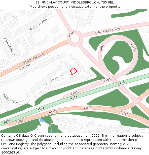 22, FINCHLAY COURT, MIDDLESBROUGH, TS5 8EL: Location map and indicative extent of plot