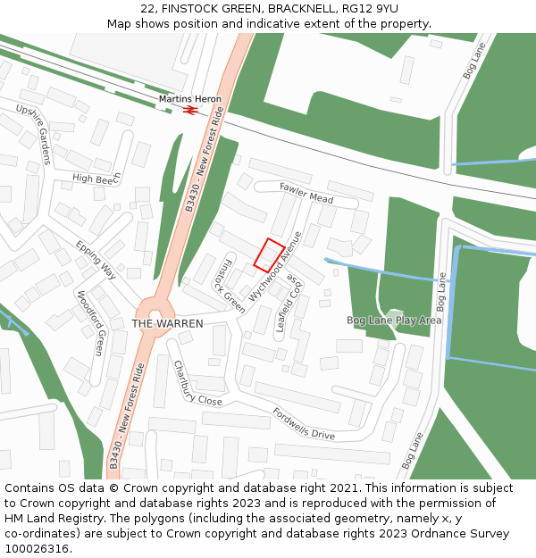 22, FINSTOCK GREEN, BRACKNELL, RG12 9YU: Location map and indicative extent of plot