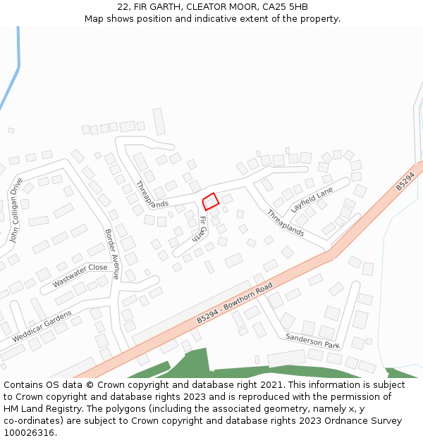 22, FIR GARTH, CLEATOR MOOR, CA25 5HB: Location map and indicative extent of plot