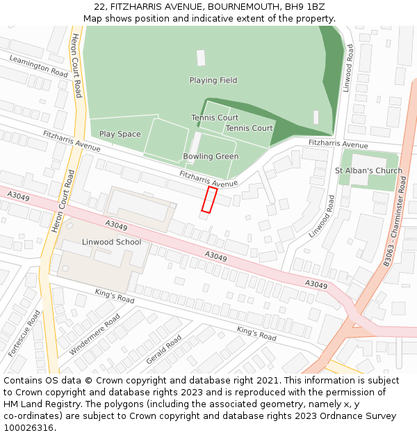 22, FITZHARRIS AVENUE, BOURNEMOUTH, BH9 1BZ: Location map and indicative extent of plot
