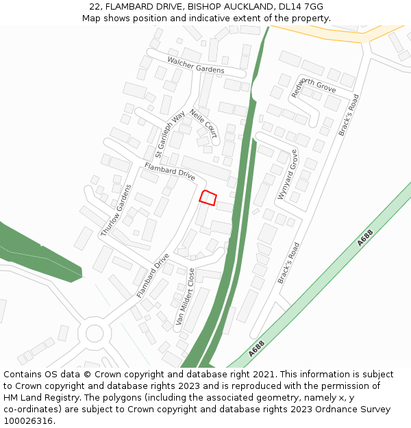 22, FLAMBARD DRIVE, BISHOP AUCKLAND, DL14 7GG: Location map and indicative extent of plot