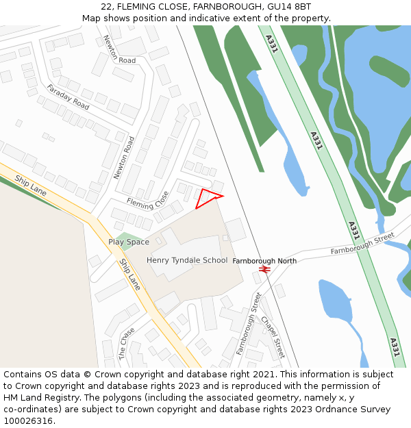 22, FLEMING CLOSE, FARNBOROUGH, GU14 8BT: Location map and indicative extent of plot