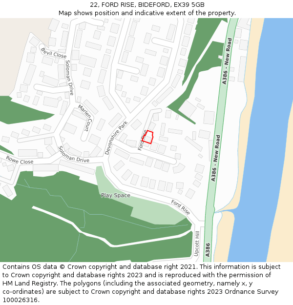 22, FORD RISE, BIDEFORD, EX39 5GB: Location map and indicative extent of plot