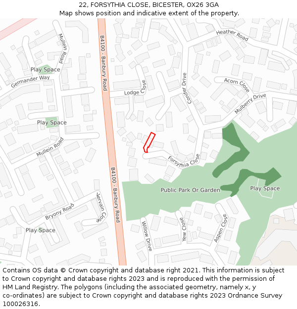 22, FORSYTHIA CLOSE, BICESTER, OX26 3GA: Location map and indicative extent of plot