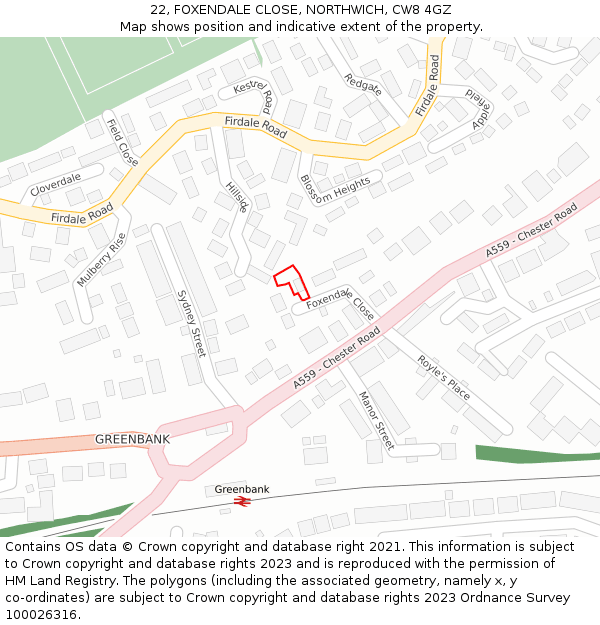 22, FOXENDALE CLOSE, NORTHWICH, CW8 4GZ: Location map and indicative extent of plot