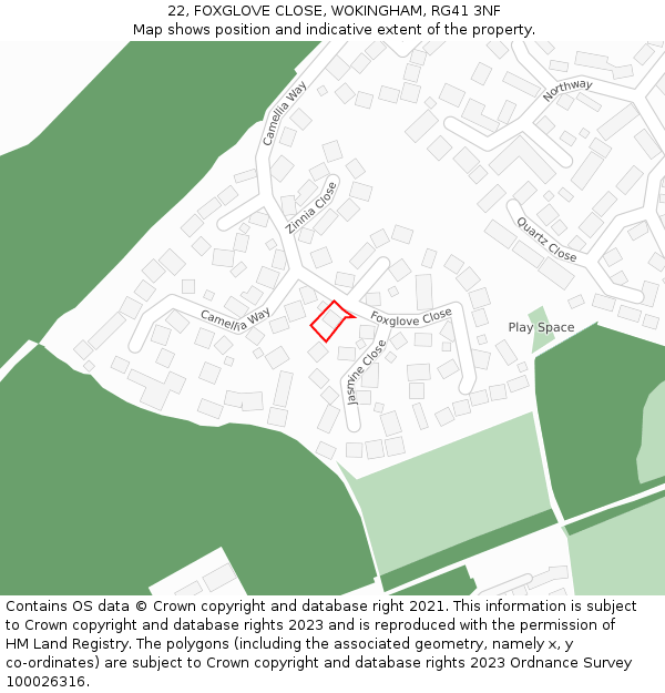 22, FOXGLOVE CLOSE, WOKINGHAM, RG41 3NF: Location map and indicative extent of plot