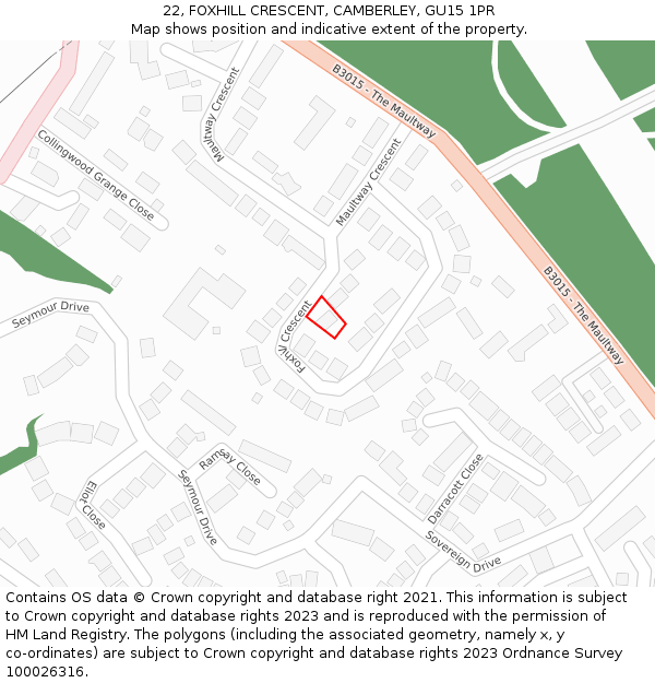 22, FOXHILL CRESCENT, CAMBERLEY, GU15 1PR: Location map and indicative extent of plot