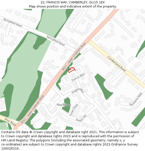 22, FRANCIS WAY, CAMBERLEY, GU15 1EX: Location map and indicative extent of plot