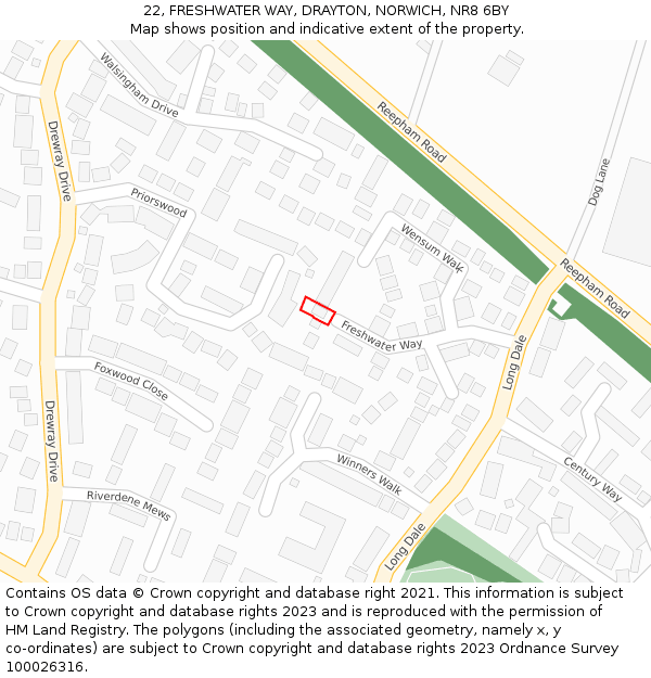 22, FRESHWATER WAY, DRAYTON, NORWICH, NR8 6BY: Location map and indicative extent of plot