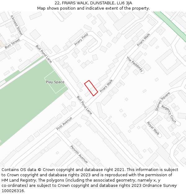 22, FRIARS WALK, DUNSTABLE, LU6 3JA: Location map and indicative extent of plot