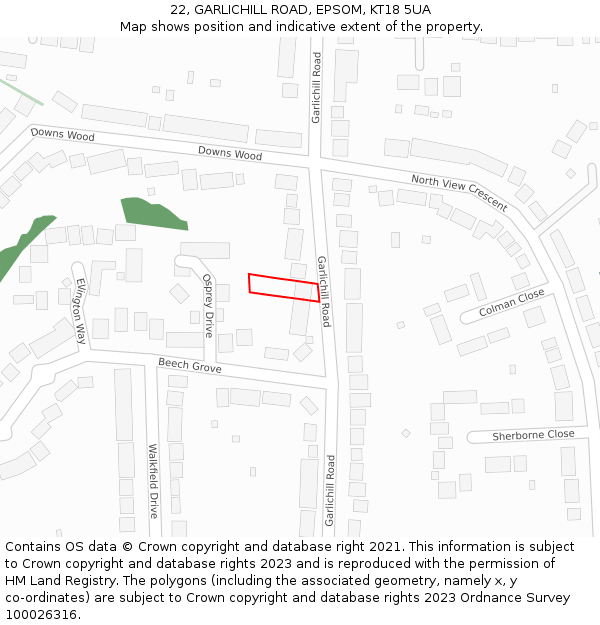 22, GARLICHILL ROAD, EPSOM, KT18 5UA: Location map and indicative extent of plot