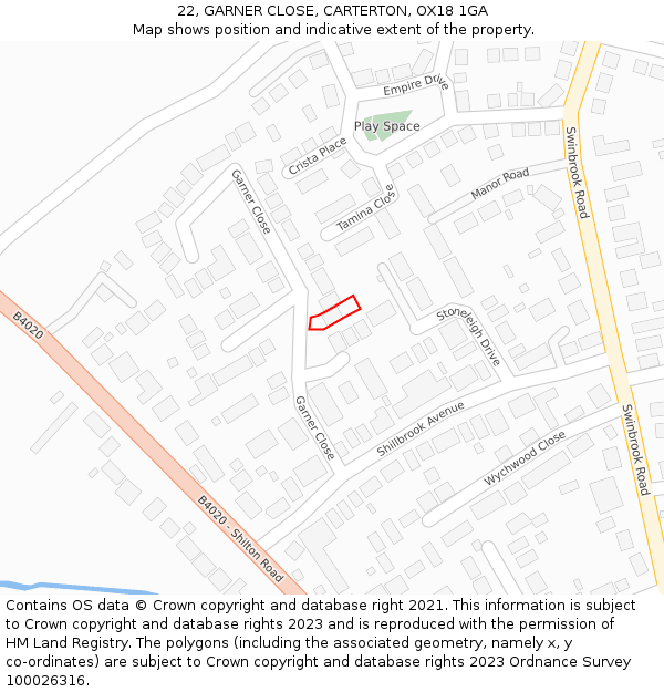 22, GARNER CLOSE, CARTERTON, OX18 1GA: Location map and indicative extent of plot