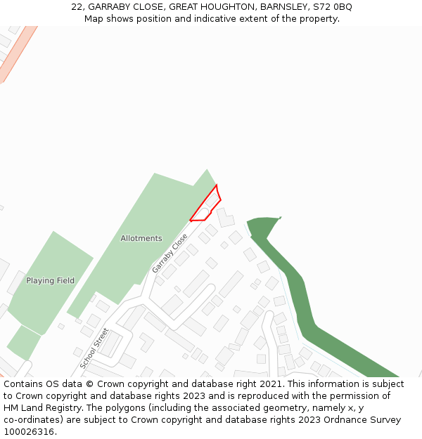 22, GARRABY CLOSE, GREAT HOUGHTON, BARNSLEY, S72 0BQ: Location map and indicative extent of plot