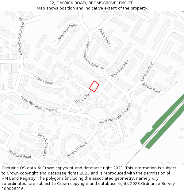 22, GARRICK ROAD, BROMSGROVE, B60 2TH: Location map and indicative extent of plot