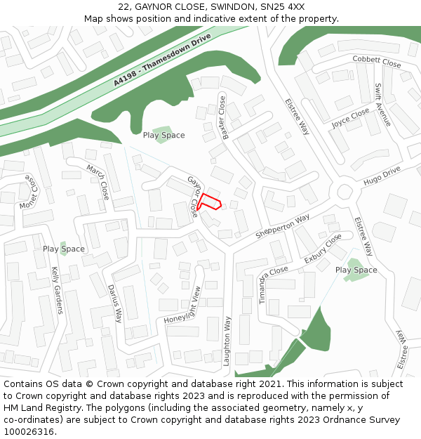 22, GAYNOR CLOSE, SWINDON, SN25 4XX: Location map and indicative extent of plot