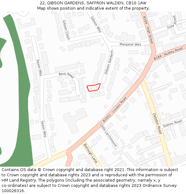 22, GIBSON GARDENS, SAFFRON WALDEN, CB10 1AW: Location map and indicative extent of plot