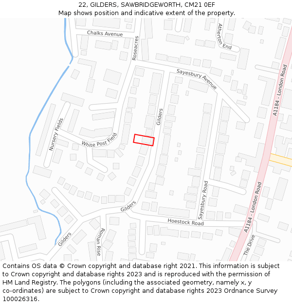 22, GILDERS, SAWBRIDGEWORTH, CM21 0EF: Location map and indicative extent of plot