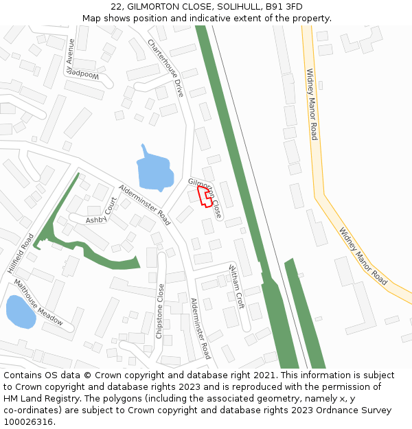 22, GILMORTON CLOSE, SOLIHULL, B91 3FD: Location map and indicative extent of plot