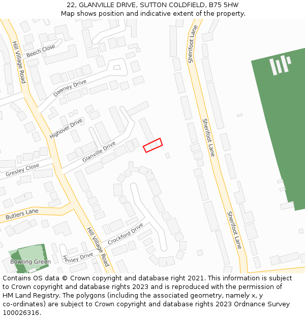 22, GLANVILLE DRIVE, SUTTON COLDFIELD, B75 5HW: Location map and indicative extent of plot