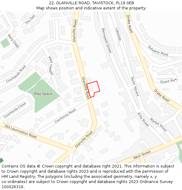 22, GLANVILLE ROAD, TAVISTOCK, PL19 0EB: Location map and indicative extent of plot