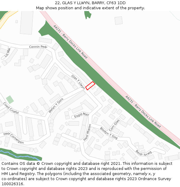 22, GLAS Y LLWYN, BARRY, CF63 1DD: Location map and indicative extent of plot