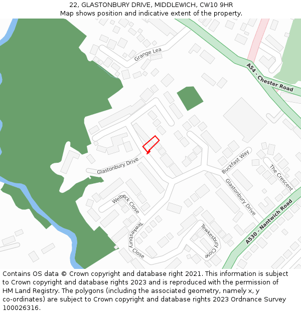 22, GLASTONBURY DRIVE, MIDDLEWICH, CW10 9HR: Location map and indicative extent of plot