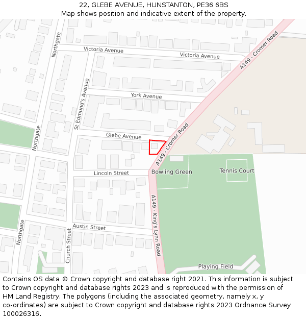 22, GLEBE AVENUE, HUNSTANTON, PE36 6BS: Location map and indicative extent of plot