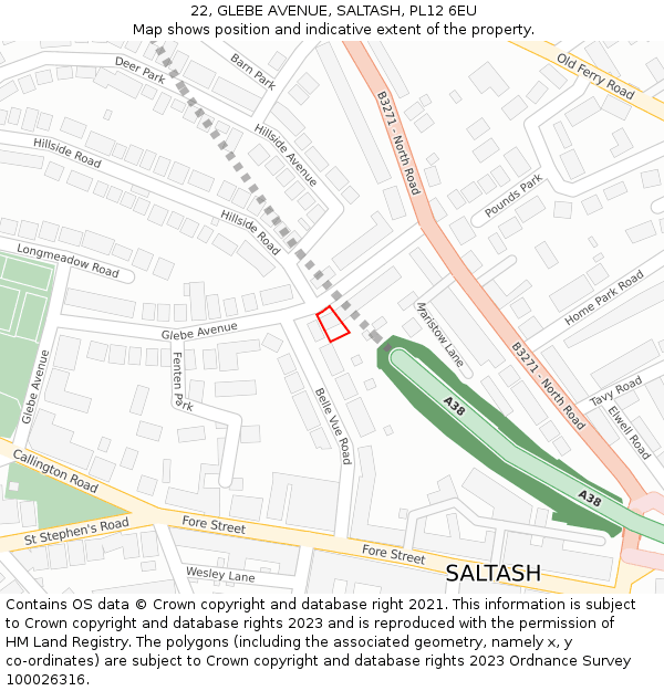 22, GLEBE AVENUE, SALTASH, PL12 6EU: Location map and indicative extent of plot