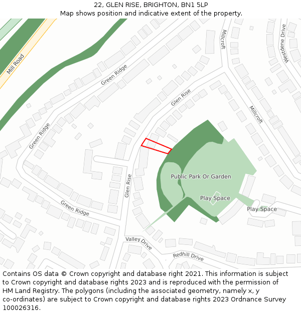 22, GLEN RISE, BRIGHTON, BN1 5LP: Location map and indicative extent of plot