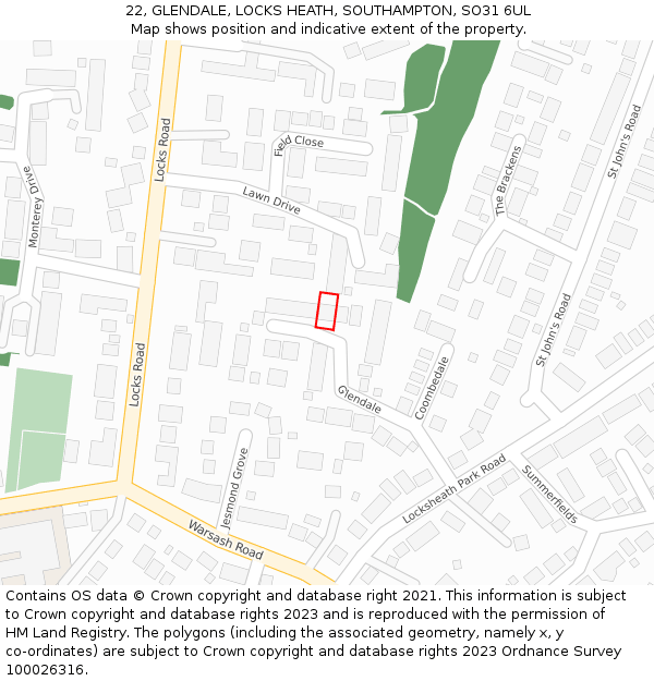 22, GLENDALE, LOCKS HEATH, SOUTHAMPTON, SO31 6UL: Location map and indicative extent of plot