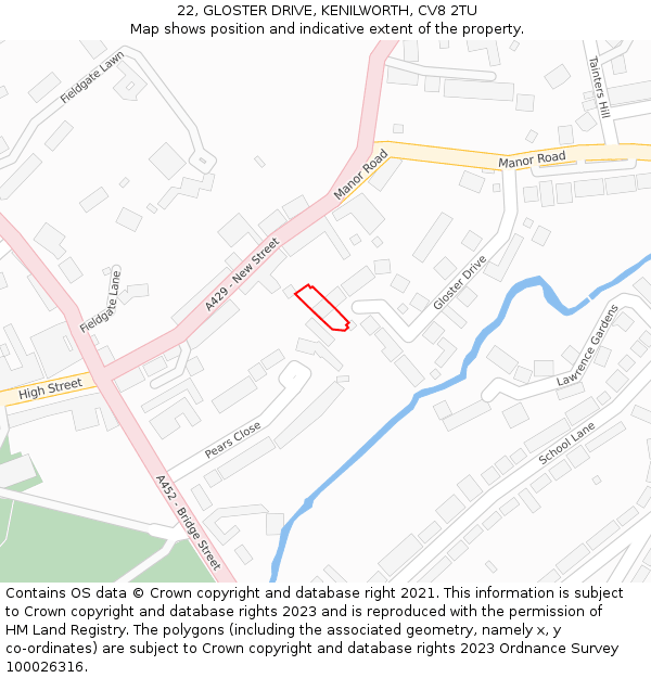 22, GLOSTER DRIVE, KENILWORTH, CV8 2TU: Location map and indicative extent of plot