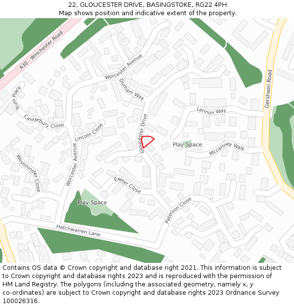 22, GLOUCESTER DRIVE, BASINGSTOKE, RG22 4PH: Location map and indicative extent of plot