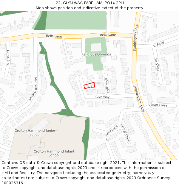 22, GLYN WAY, FAREHAM, PO14 2PH: Location map and indicative extent of plot